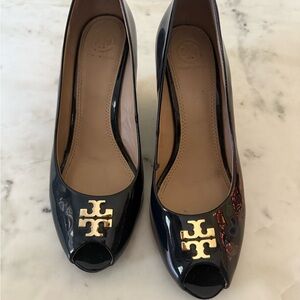 Tory Burch Navy Patent Peep-Toe Heels